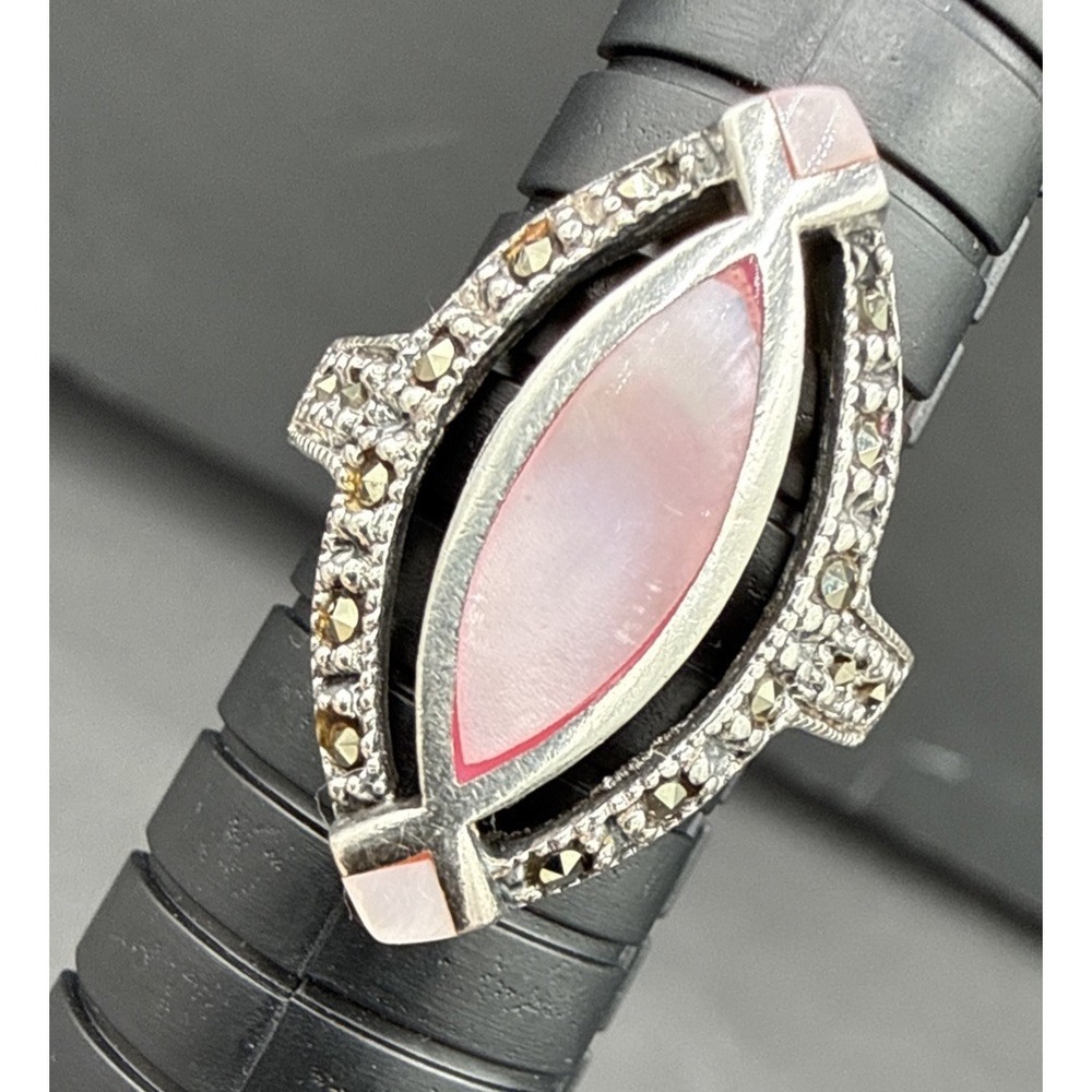 Sterling Silver‎ 925 Marcasite Pink Mother Pearl Navette Ring Art Deco